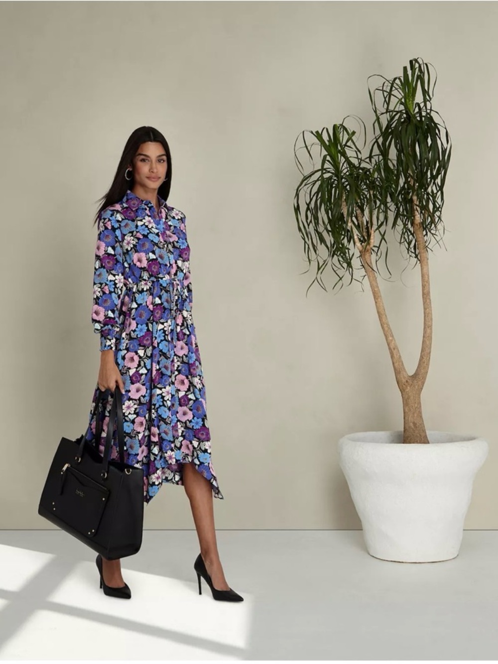 Nicole Miller Blue & Purple Floral Long-Sleeve Midi Dress